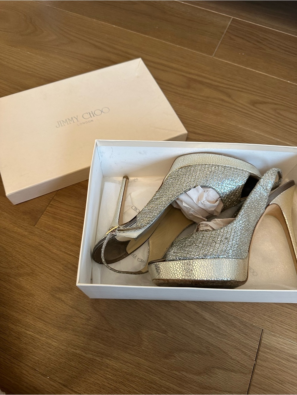 Jimmy Choo 24/7 Shaw Champagne Glitter Slingback Heels EU 40.5